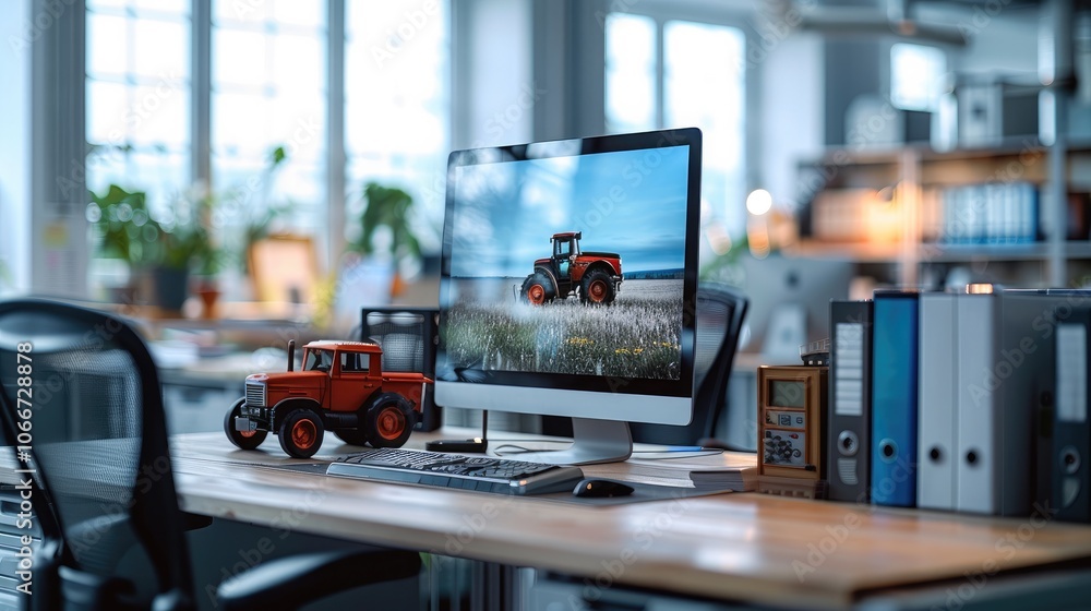 Poster A large computer monitor set on a desk in a clean, modern office space. There is also a small model of a vintage tractor trailer on the desk.