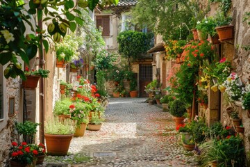 Italy Garden. Ancient Artistic Architecture in Beautiful Umbrian Medieval Courtyard