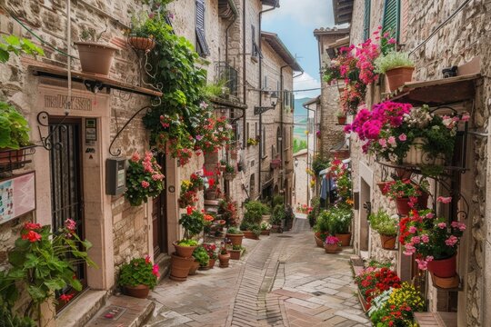 Fototapeta Italian Village. Exploring the Old Town of Assisi, Italy with Charming Stone Buildings and Colorful Geraniums