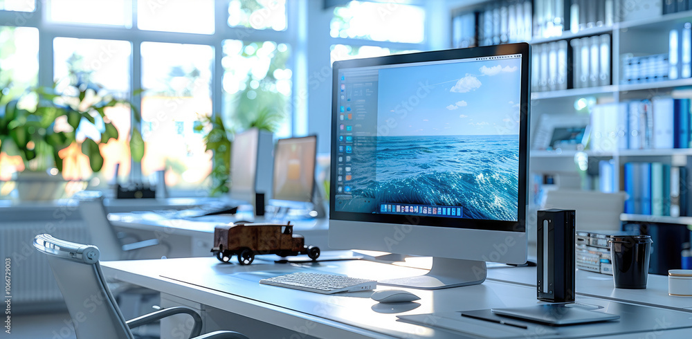 Poster A large computer monitor set on a desk in a clean, modern office space. There is also a small model of a vintage tractor trailer on the desk.