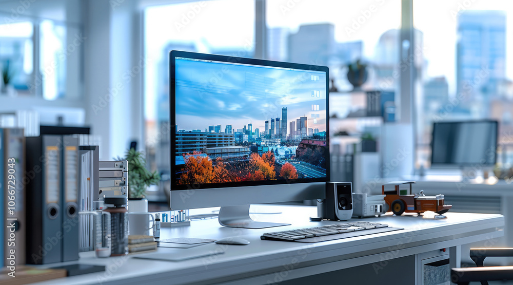 Poster A large computer monitor set on a desk in a clean, modern office space. There is also a small model of a vintage tractor trailer on the desk.