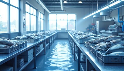 Fototapeta premium Modern Fish Processing Facility with Crates of Fresh Silver Fish