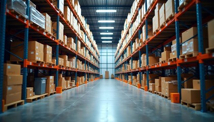 Organized Warehouse Interior with Metal Shelving and Cardboard Boxes