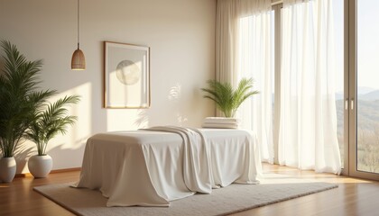 Fototapeta premium Serene Massage Therapy Room with Soft Linens and Natural Light.