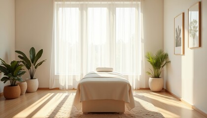 Fototapeta premium Serene Massage Therapy Room with Central Table and Natural Accents