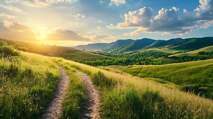 Obraz premium A winding dirt road leads through a valley of rolling hills and lush green meadows under a bright, blue sky.