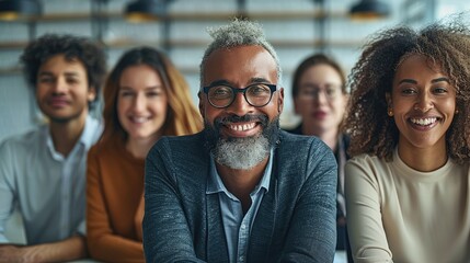 Fototapeta premium A group of six diverse individuals engaged in a video conference, smiling and interacting on a large screen. is friendly and collaborative, showcasing modern technology in a professional setting.