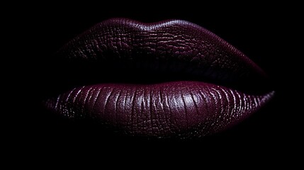 Intense close-up of deep plum lips with a matte, velvety texture, illuminated under low-key, warm light for a dramatic effect, focusing on smooth detail and rich, intense color,