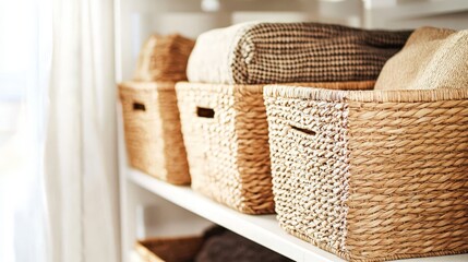 Four woven storage baskets on a white shelf with various items inside.