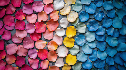 vibrant mosaic of flower petals arranged in colorful pattern, showcasing shades of pink, yellow, and blue. This artistic display evokes sense of beauty and creativity