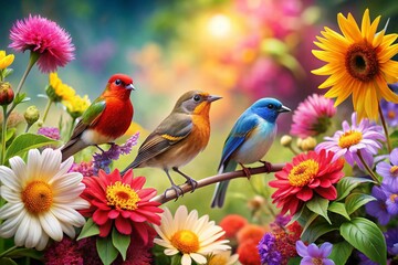Stunning Macro Photography of Colorful Flowers and Birds Illustration in Nature’s Vibrant Palette, Capturing Intricate Details and the Harmony of Wildlife in a Lush Garden Setting