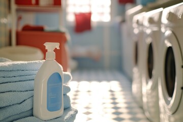 A bottle of hand sanitizer sits atop a stack of towels, providing a sanitary solution for everyday use