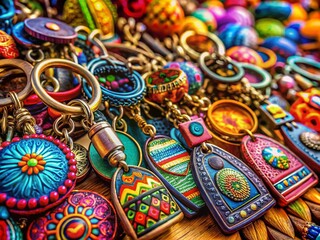 Fototapeta premium Stunning Macro Photography of Unique Keychains, Colorful Designs, Textures, and Details, Perfect for Collectors, Gifts, Accessories, and Creative Display Ideas