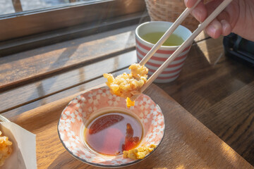 Jigoku-mushi Pudding, homade japanese pudding, hell streaming and Toriten, Chicken tempura Myoban Jigoku, Beppu, Kyushu, Japan