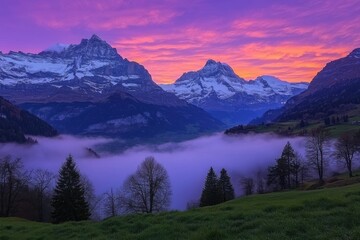 Obraz premium A breathtaking mountain landscape at dawn, featuring snow-capped peaks and misty valleys under a vibrant purple and orange sky.