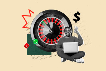 Composite trend artwork 3D sketch image photo collage of casino gambling play roulette online egame young lady hold laptop gesture ok rich