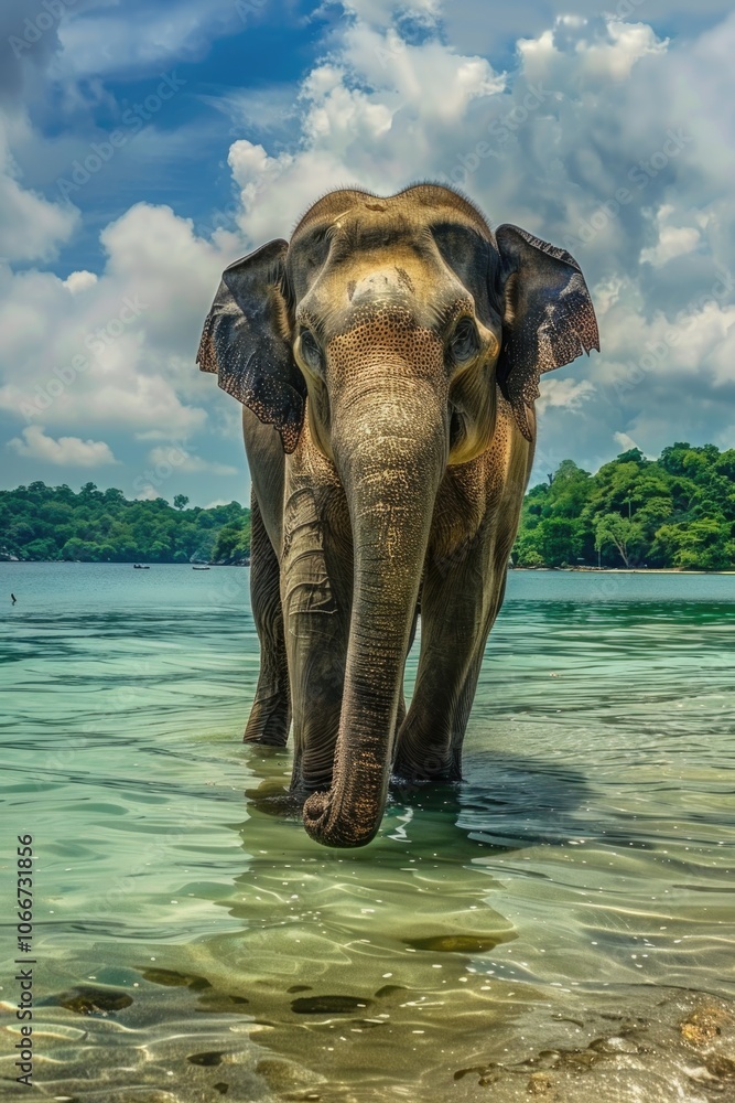 Poster an elephant standing in shallow water with trees in the background