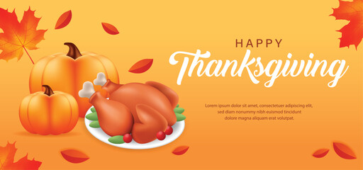 Happy Thanksgiving Day banner with Thanksgiving turkey, pumpkins and fall foliage - horizontal background perfect for social media and greeting cards