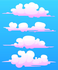 Cartoon Vector Set of Pink Clouds on Blue Sky