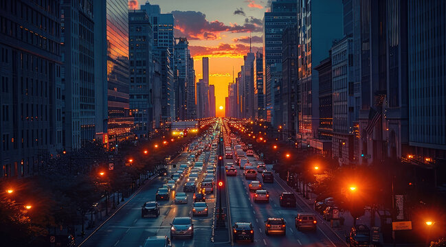 A city at sunset, street, Long street in a modern city with skyscrapers.