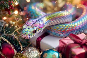 2025 Chinese new year of the snake. A snake surrounded by festive decorations