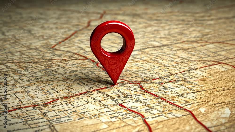 Aufkleber a red pin is placed on a map to mark a specific location
