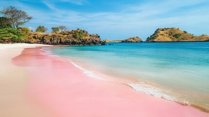 Fototapeta premium Pink sand beach with turquoise water and green hills in the background on a sunny day.