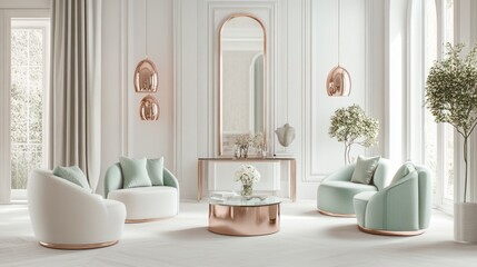 Modern White Living Room Interior with Rose Gold Accents