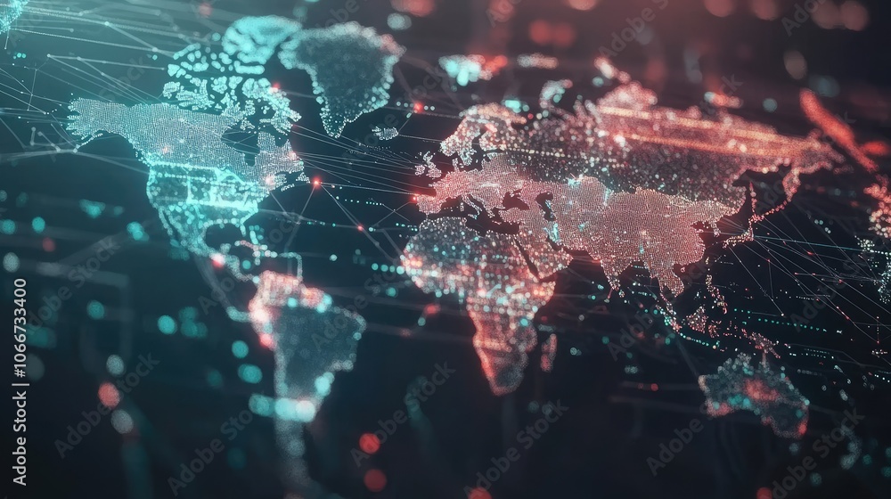 Poster abstract world map with digital connections and scale