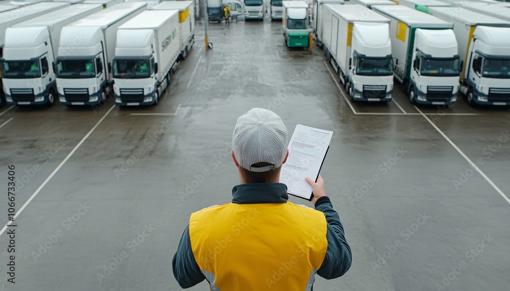 Poster A logistics worker monitors a fleet of delivery trucks, holding a clipboard and ensuring efficient operations in a large commercial yard.