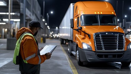 A truck driver in a reflective vest inspects logistics paperwork at night next to a bright orange semi-truck in a loading area.