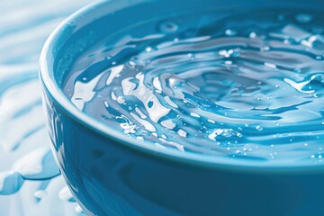 A blue bowl filled with water sitting on a table