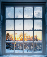 Fototapeta premium frosted window adorned with intricate snowflake patterns, showcasing beautiful winter sunset. scene captures essence of cozy, chilly evening