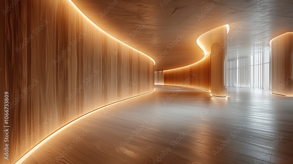 Aufkleber Empty room. The walls are made from light wood with a white ceiling and floor. The room is large and has a curved corner. The lighting in the space creates soft shadows on one side of the room.