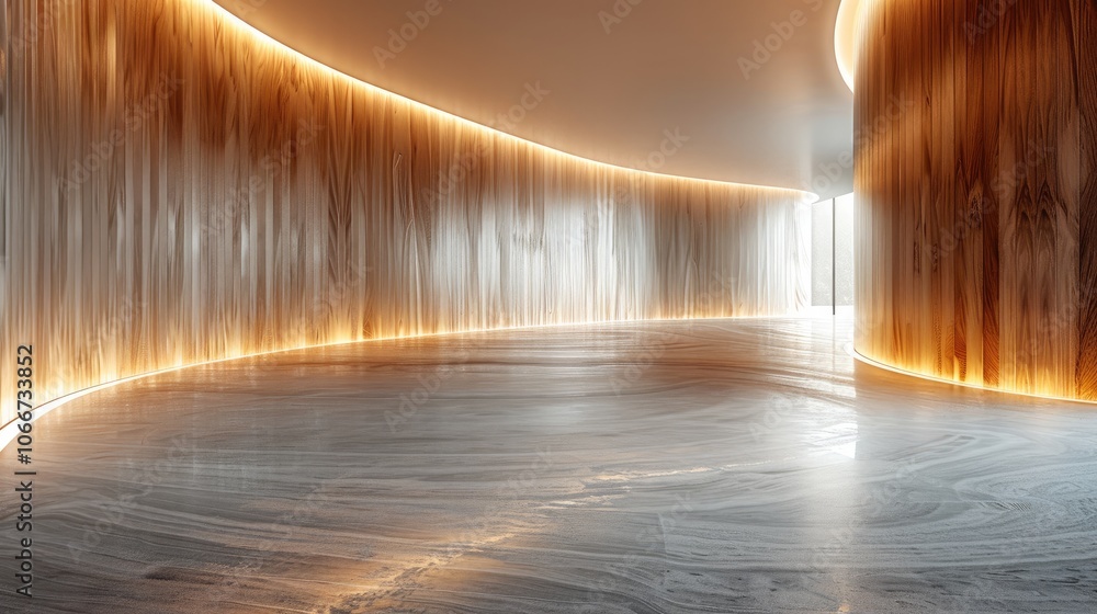 Aufkleber Empty room. The walls are made from light wood with a white ceiling and floor. The room is large and has a curved corner. The lighting in the space creates soft shadows on one side of the room.