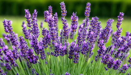 Obraz premium A vibrant cluster of lavender flowers in full bloom, showcasing rich purple hues against a blurred green background, exuding tranquility and natural beauty.