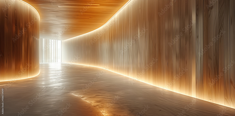 Aufkleber Empty room. The walls are made from light wood with a white ceiling and floor. The room is large and has a curved corner. The lighting in the space creates soft shadows on one side of the room.