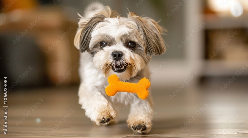 Poster a playful shih tzu chasing a squeaky toy in the shape of a bone.