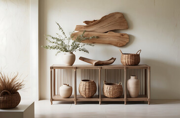 Clean, organized console table featuring natural tones and organic shapes, creating a calm and aesthetic space.