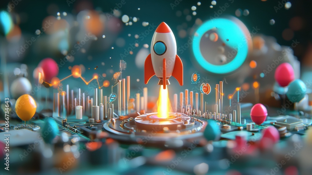 Poster launching a rising graph the breakthrough of rocket liftoff in high fidelity visualization