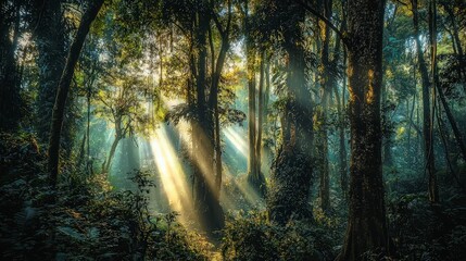 Obraz premium Sunbeams shine through the dense canopy of a lush tropical rainforest.