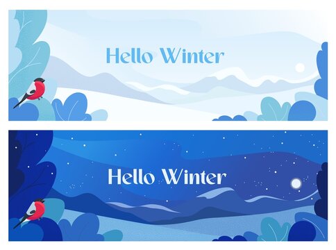 Hello winter horizontal day and night banners with bullfinch