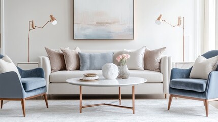 Modern Living Room with White Sofa, Blue Armchairs, and a Coffee Table