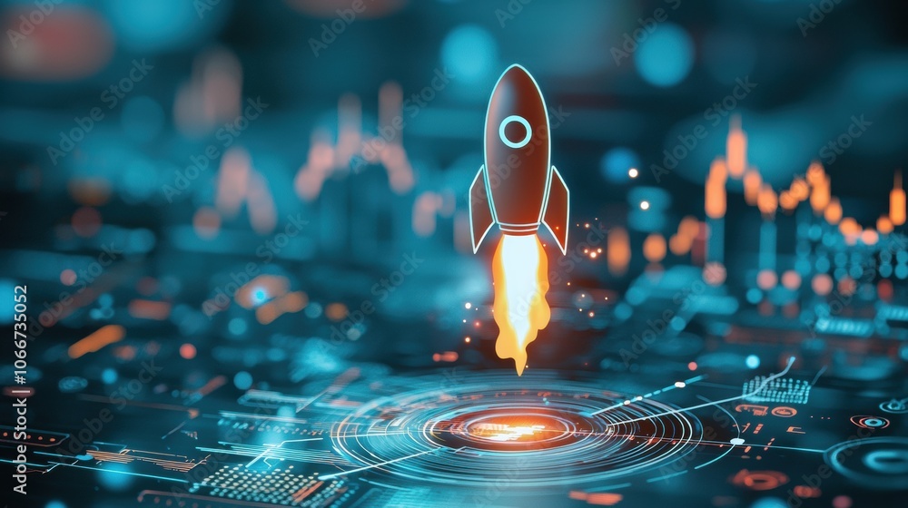 Poster exploring the connection between rising financial graphs and rocket launching success in investment 