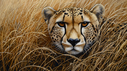 Obraz premium Cheetah resting in tall golden grass, showcasing its striking features and intense gaze. This photorealistic image captures beauty of wildlife in serene environment