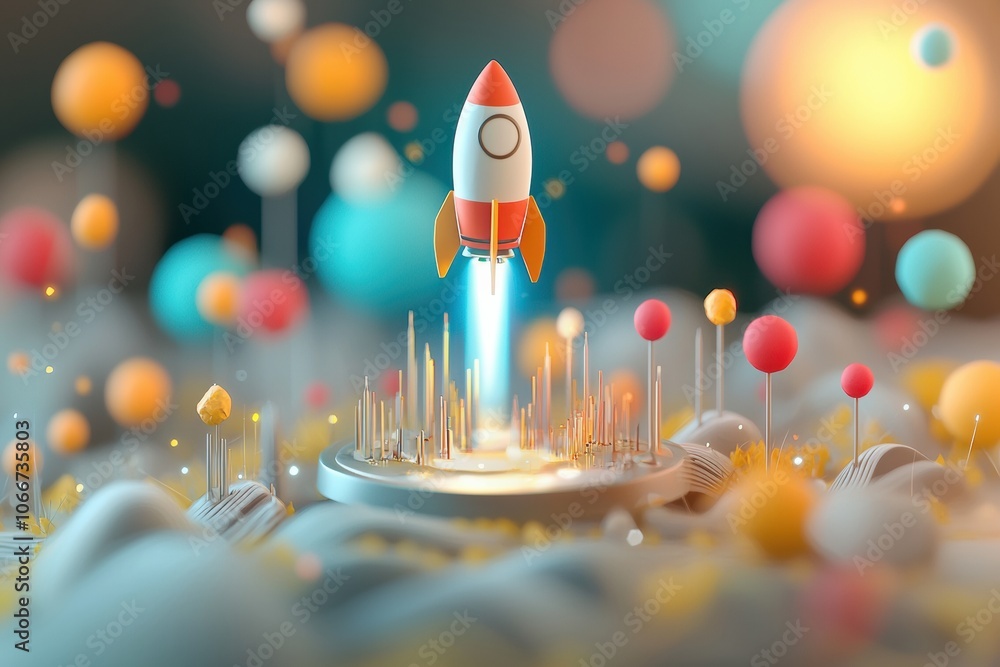 Poster exploring the future of finance how a rising graph and rocket launching concepts transform economic 