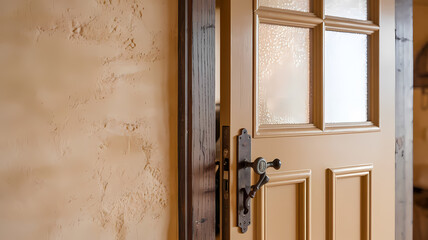 Obraz premium Classic wooden door with intricate hardware, partially open, framed by warm beige walls, showcasing a blend of modern design and rustic charm. Perfect for home decor inspiration.