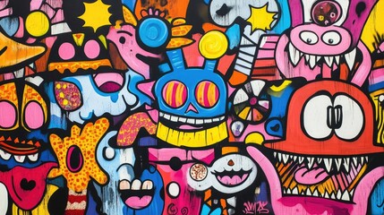 Vibrant Graffiti Art Background with Colorful Cartoon Characters and Expressive Faces