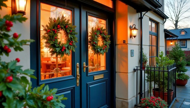 Welcoming holiday entrance with festive wreaths, Ostrolist and warm lighting on decorated house exterior