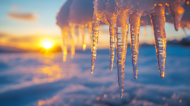 A captivating photography of icicles hanging from a rocky outcrop, with the backdrop of a vast, white landscape and the sun casting a golden glow over the peaks, emphasizing the delicate.